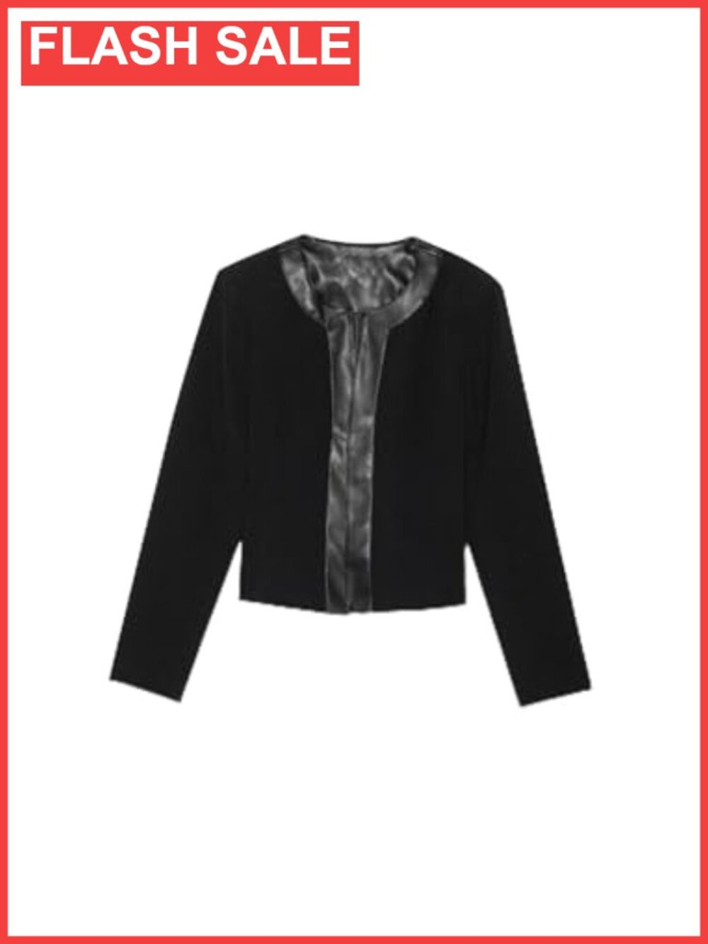 Women's Blazer Jacket Faux Leather Trim Long Sleeve Collarless Cropped